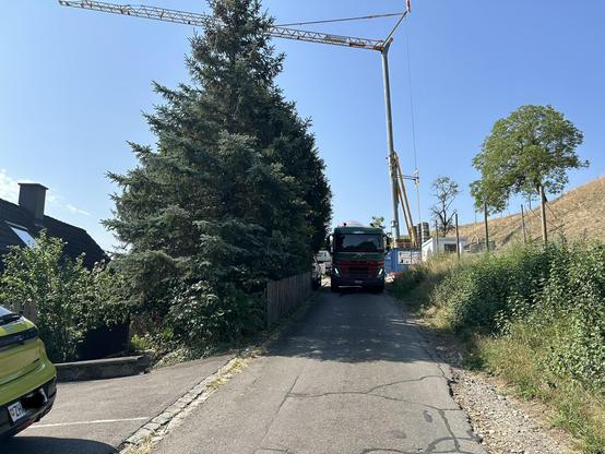 Links Kanton Zürich, die Schaffhauser Lastwagen und der Kran stehen auf Schaffhauser Boden, der Baum rechts steht schon in Deutschland - die Grenze verläuft etwas unterhalb der Krete entlang.