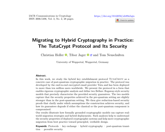 Image shows screenshot of scientific article titled: Migrating to Hybrid Cryptography in Practice: The TutaCrypt Protocol and Its Security