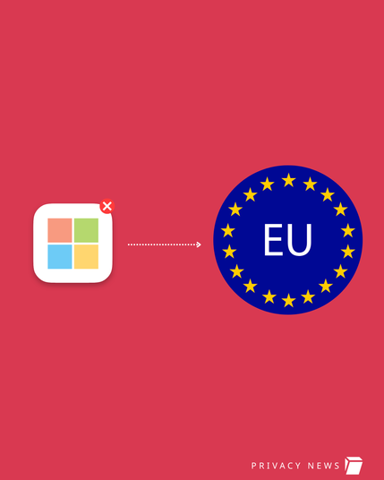 Image shows Microsoft icon with an arrow pointing to an EU flag