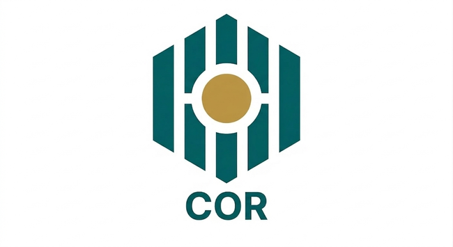 ​A graphic logo centered on a plain white background. The emblem features a geometric, hexagonal shape made of eight vertical teal stripes with pointed top and bottom edges. In the middle of the hexagon is a solid gold circle enclosed by a white circular outline. Beneath the emblem, the text "COR" appears in large, bold, sans-serif teal typography.