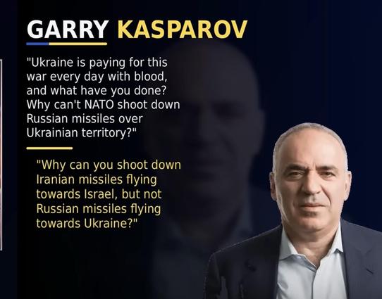 A portrait of Garry Kasparov with a dark background. Text quotes Kasparov discussing Ukraine's situation, highlighting questions about NATO’s response to Russian missiles and comparing it to actions regarding Iranian missiles over Israel.