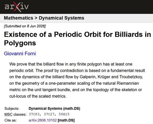 Mathematics > Dynamical Systems
[Submitted on 8 Jun 2026]
Existence of a Periodic Orbit for Billiards in Polygons
Giovanni Forni

    We prove that the billiard flow in any finite polygon has at least one periodic orbit. The proof by contradiction is based on a fundamental result on the dynamics of the billiard flow by Galperin, Krüger and Troubetzkoy, on the geometry of a one-parameter scaling of the natural Riemannian metric on the unit tangent bundle, and on the topology of the skeleton or cut-locus of the scaled metrics. 

Subjects: 	Dynamical Systems (math.DS)
MSC classes: 	37C83, 37C27, 58H15
Cite as: 	arXiv:2606.10102 [math.DS]

From: https://arxiv.org/abs/2606.10102