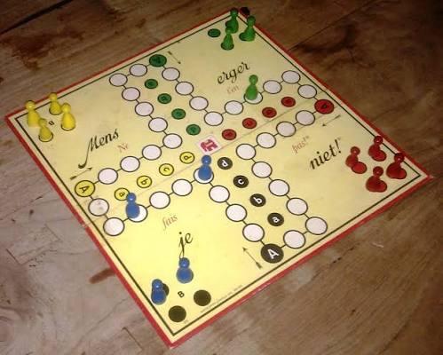 Mensch-Ärgere-Dich-Nicht Spiel auf einem Holzboden.