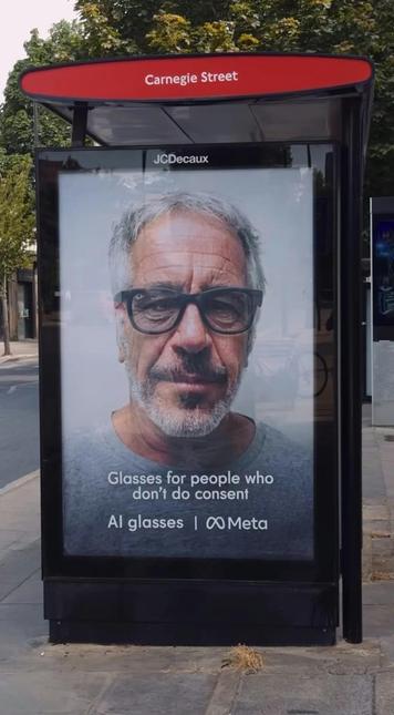 Photo of Jeffrey Epstein with modified addition to show him wearing "smart" glasses, with caption;

"Glasses for people who don't do consent."